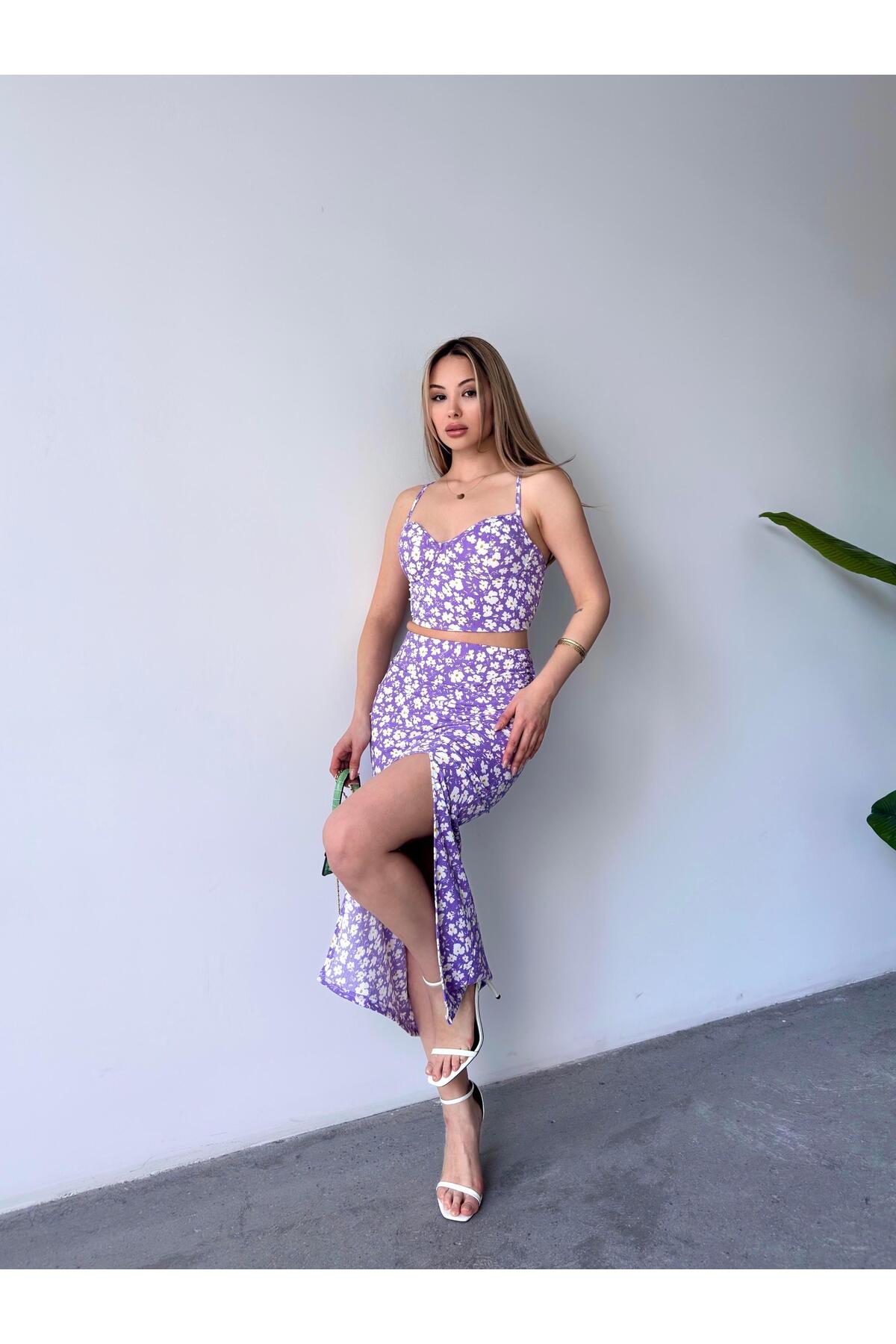 Lilac Floral Sweetheart Neck Crop & Split Midi Skirt Set