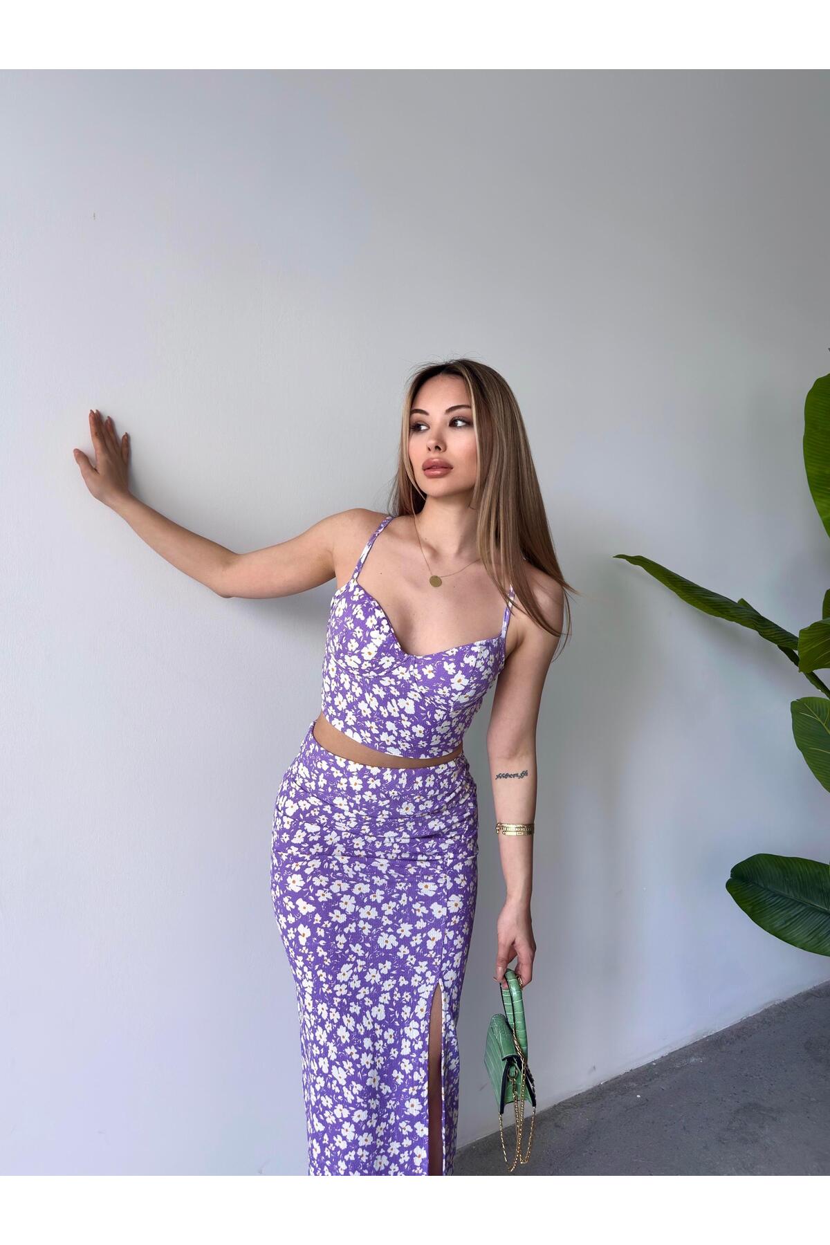 Lilac Floral Sweetheart Neck Crop & Split Midi Skirt Set