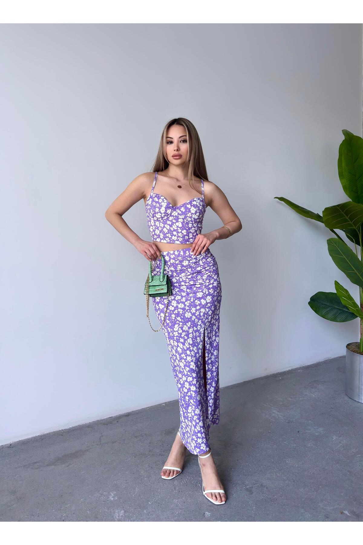 Lilac Floral Sweetheart Neck Crop & Split Midi Skirt Set