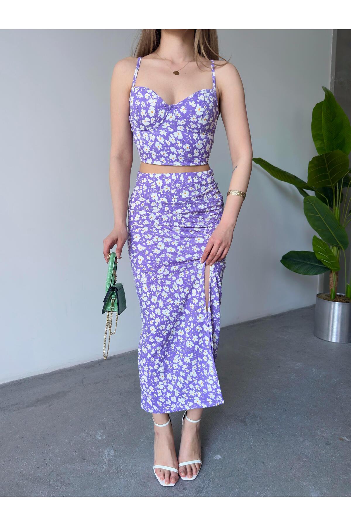 Lilac Floral Sweetheart Neck Crop & Split Midi Skirt Set