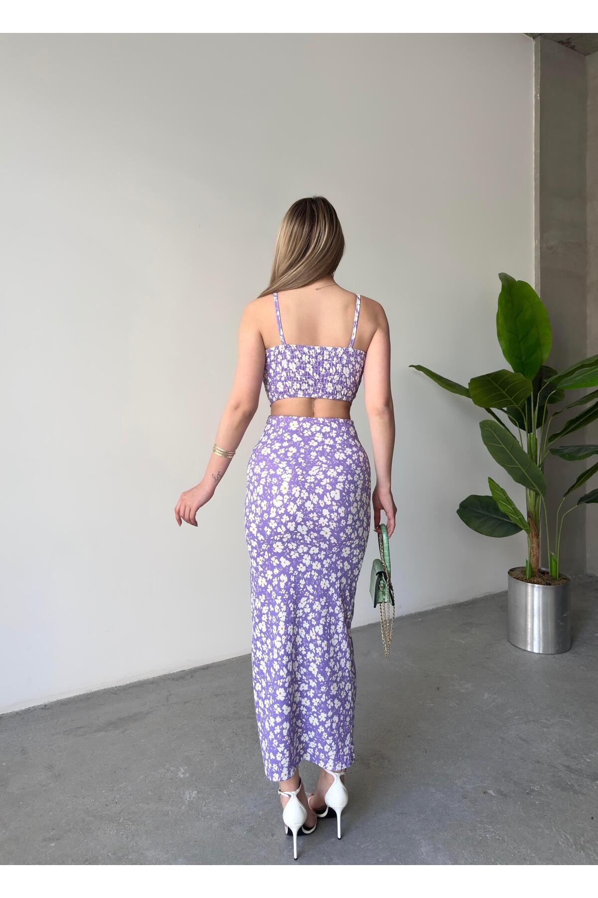Lilac Floral Sweetheart Neck Crop & Split Midi Skirt Set