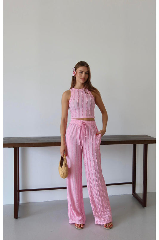 Wavy Textured Strappy Crop Top & Drawstring Pants Set