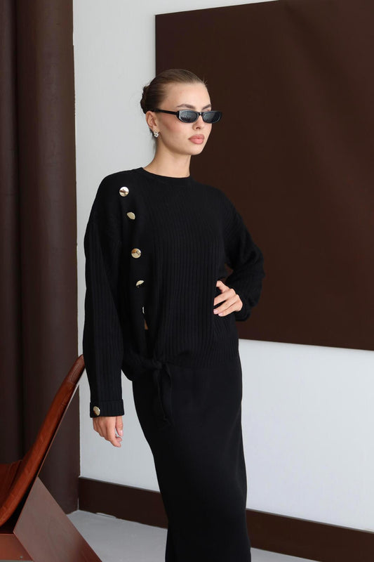 Button Detail Knit Skirt Set