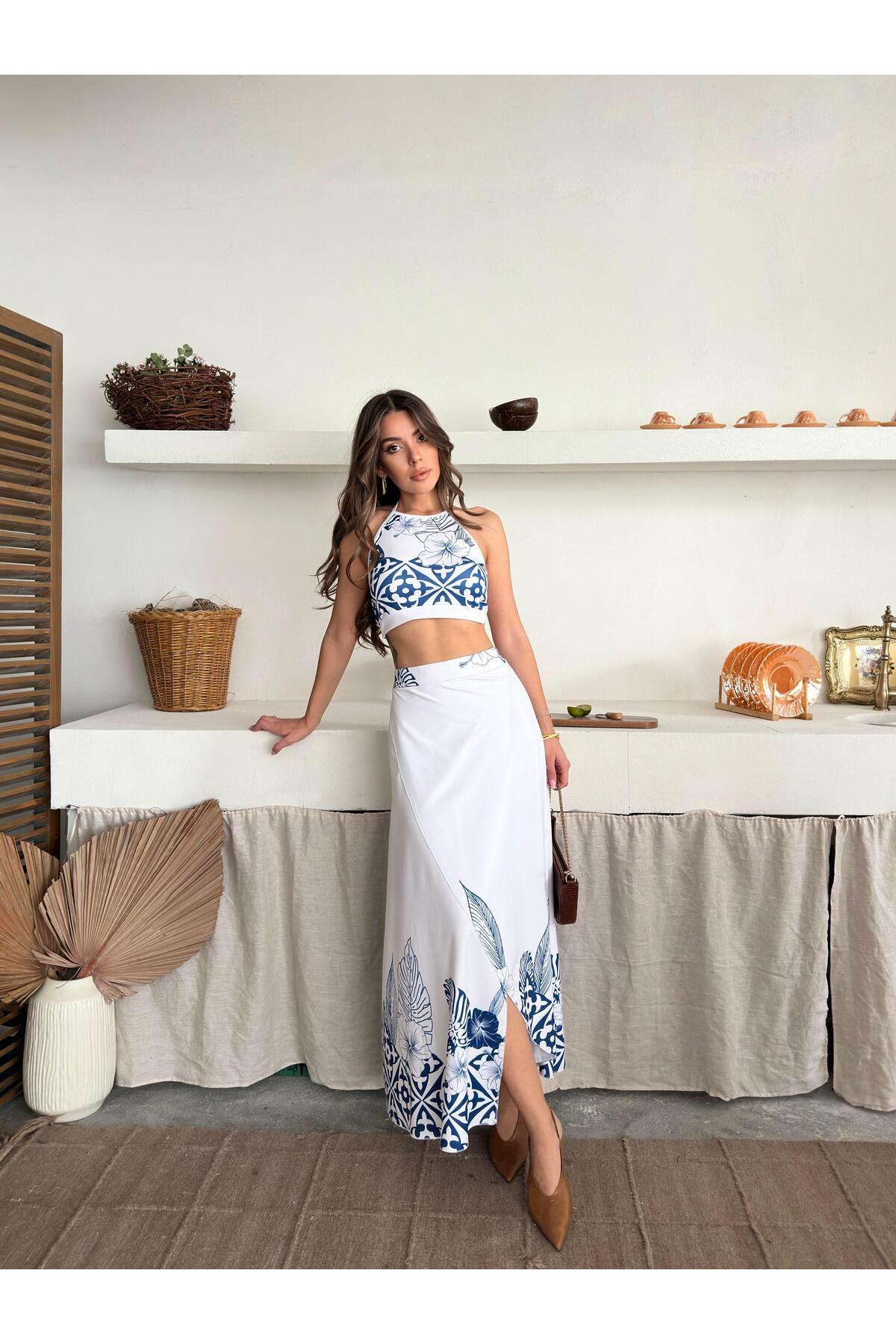 Blue Ethnic Print Crop Top & Split Maxi Skirt Set