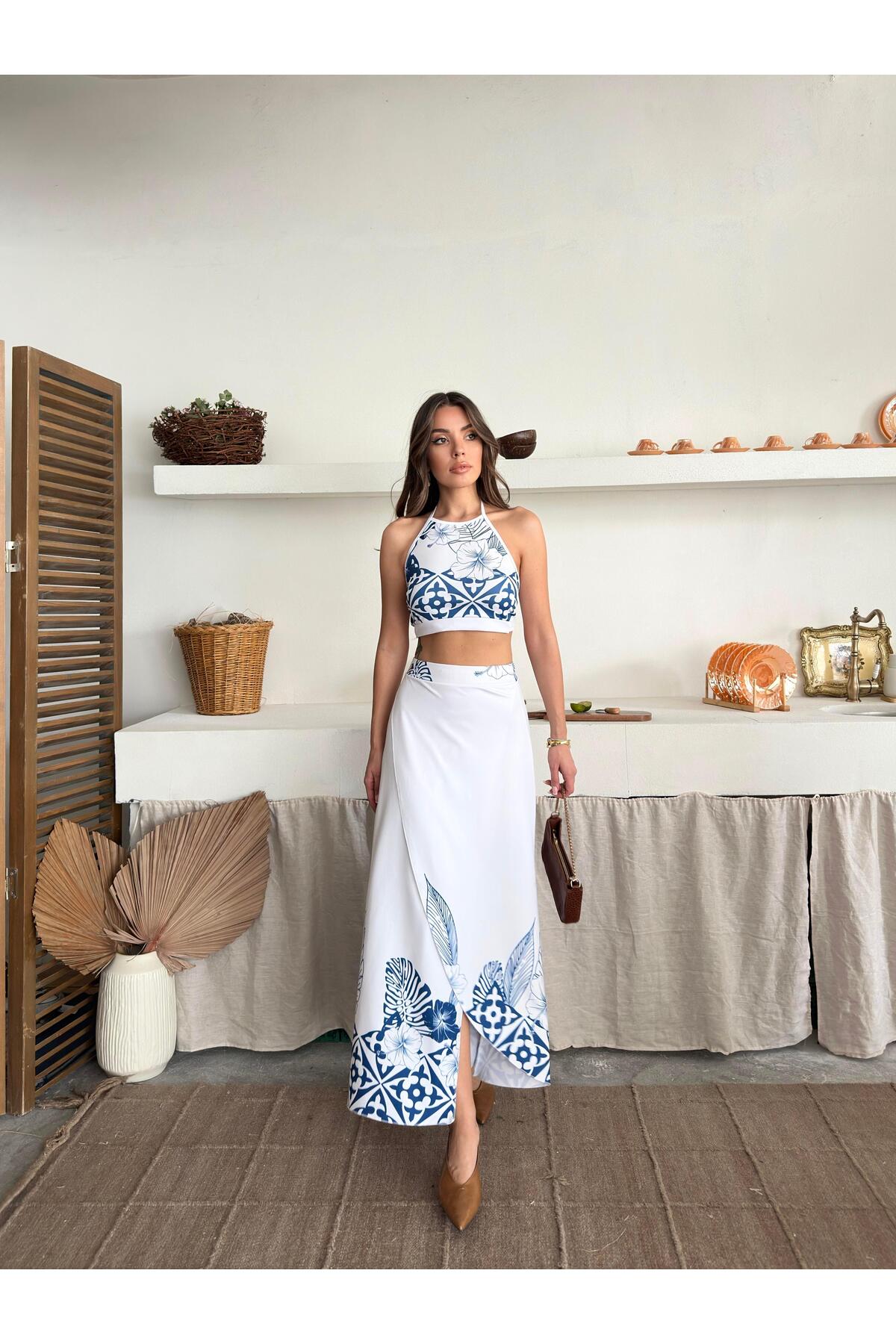 Blue Ethnic Print Crop Top & Split Maxi Skirt Set
