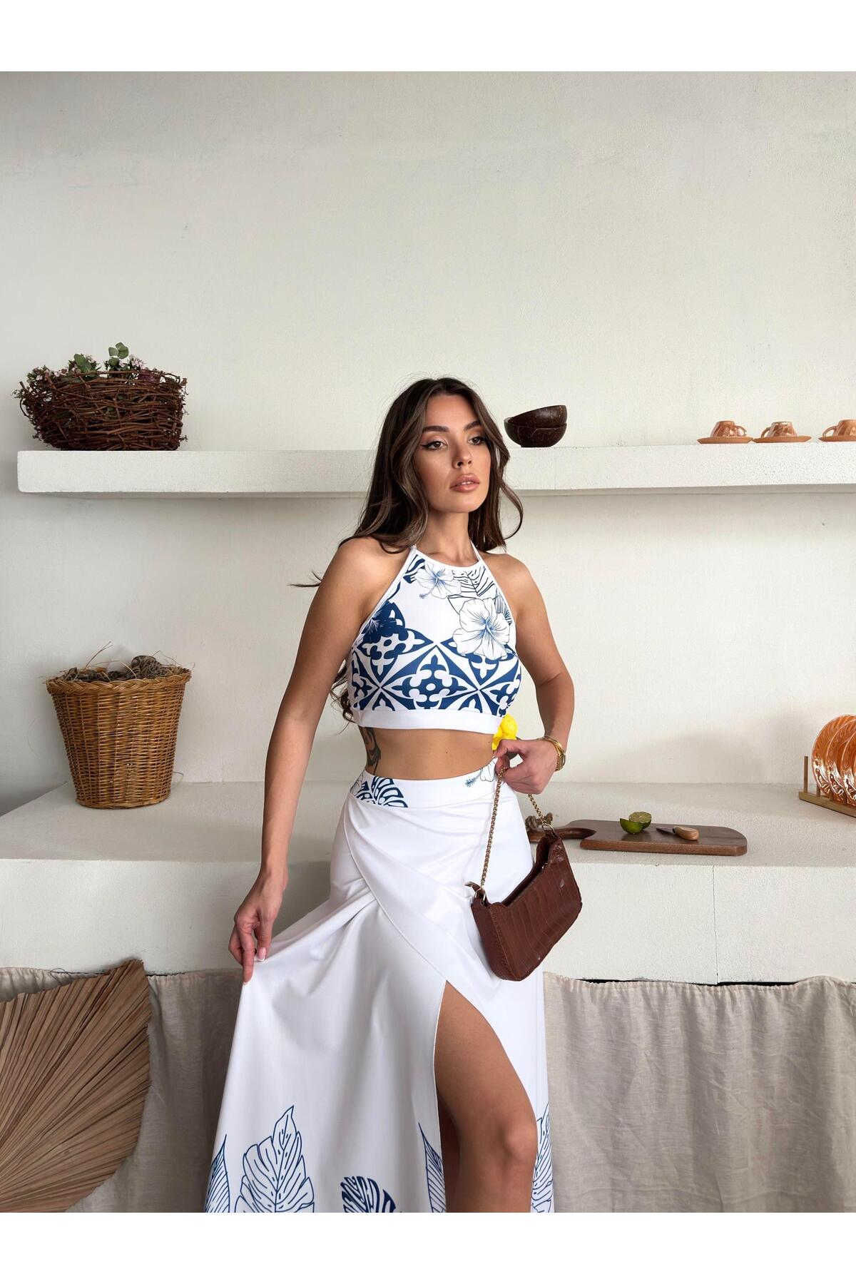 Blue Ethnic Print Crop Top & Split Maxi Skirt Set