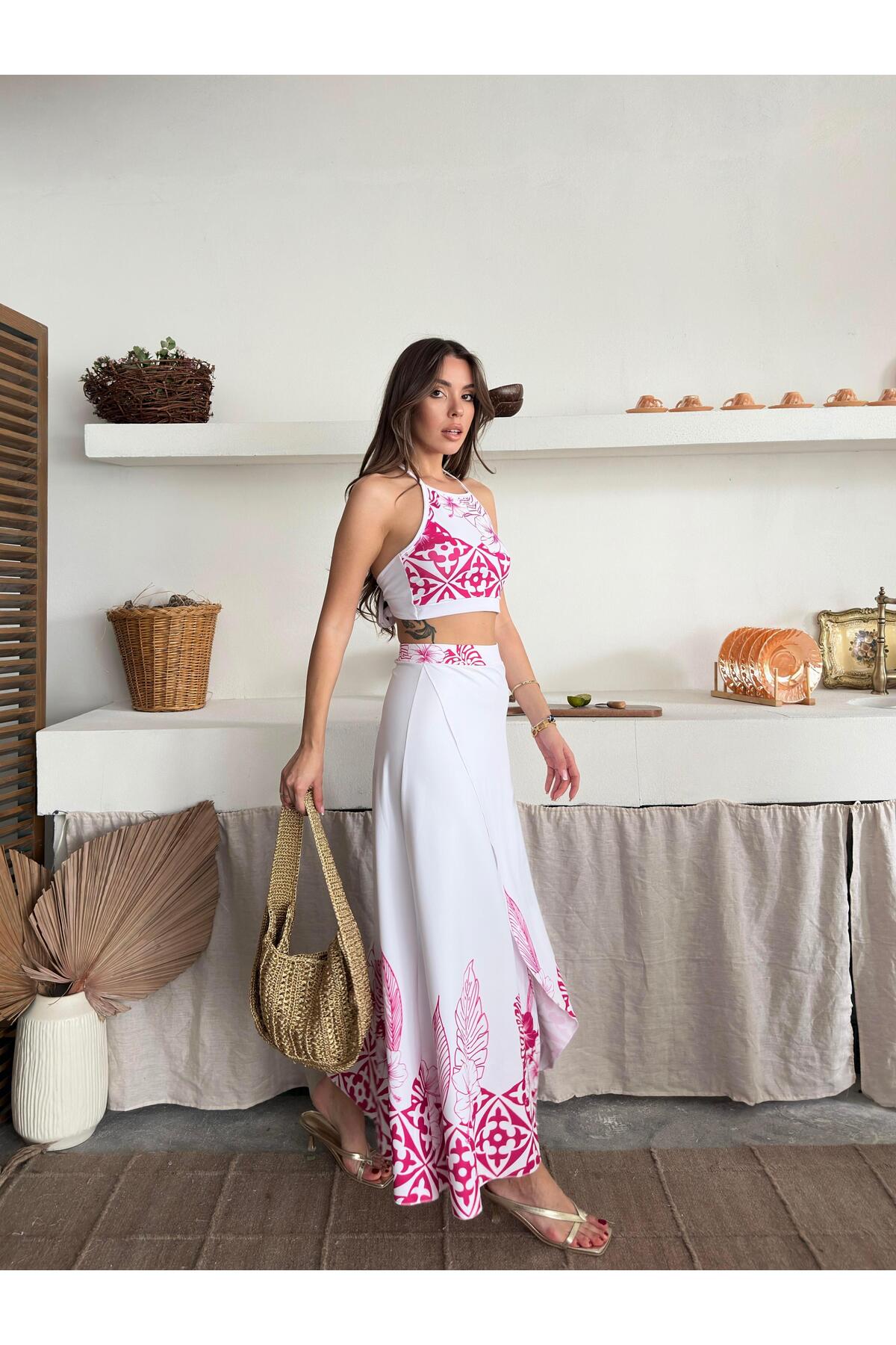 Pink Ethnic Print Crop Top & Split Maxi Skirt Set