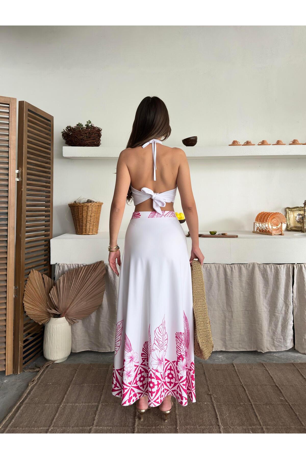 Pink Ethnic Print Crop Top & Split Maxi Skirt Set