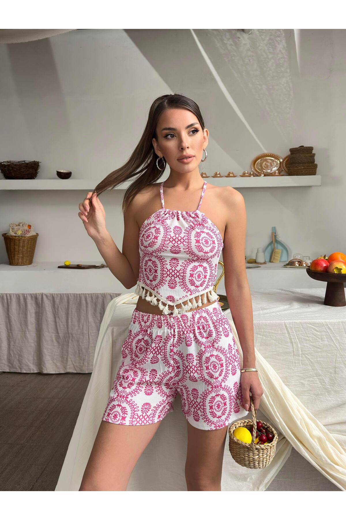 Ethnic Print Fringed Summer Shorts Set