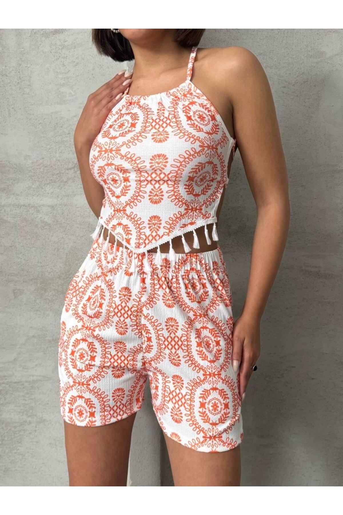 Ethnic Print Fringed Summer Shorts Set