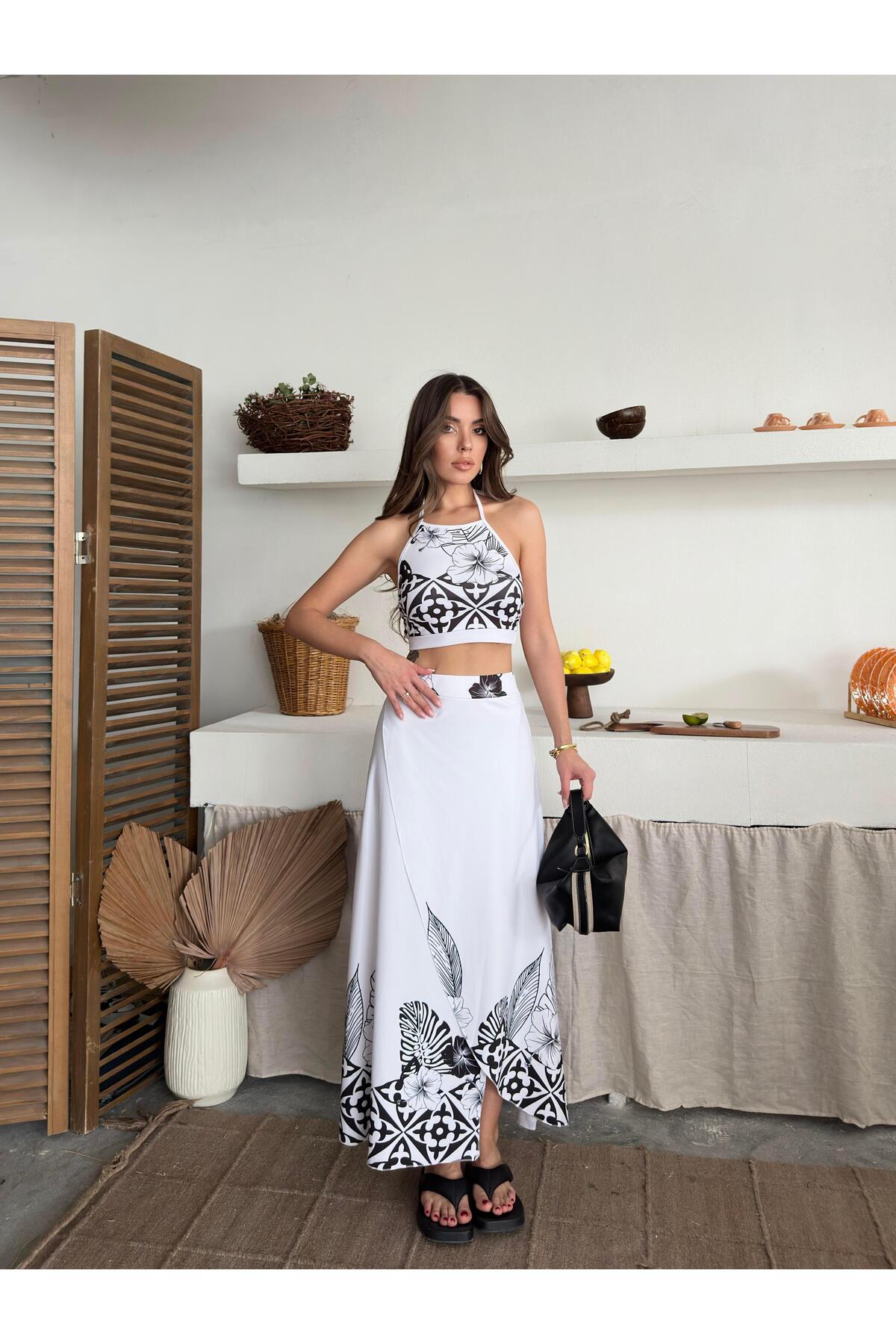 Black Ethnic Print Crop Top & Split Maxi Skirt Set