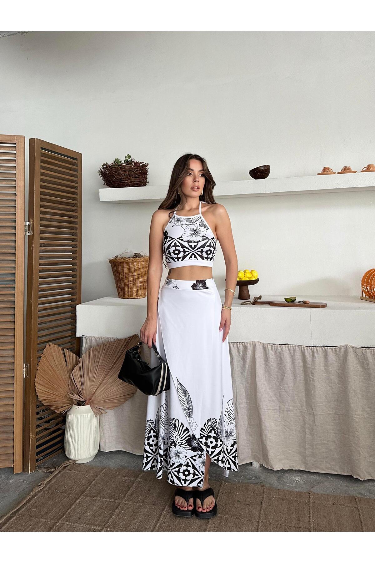 Black Ethnic Print Crop Top & Split Maxi Skirt Set