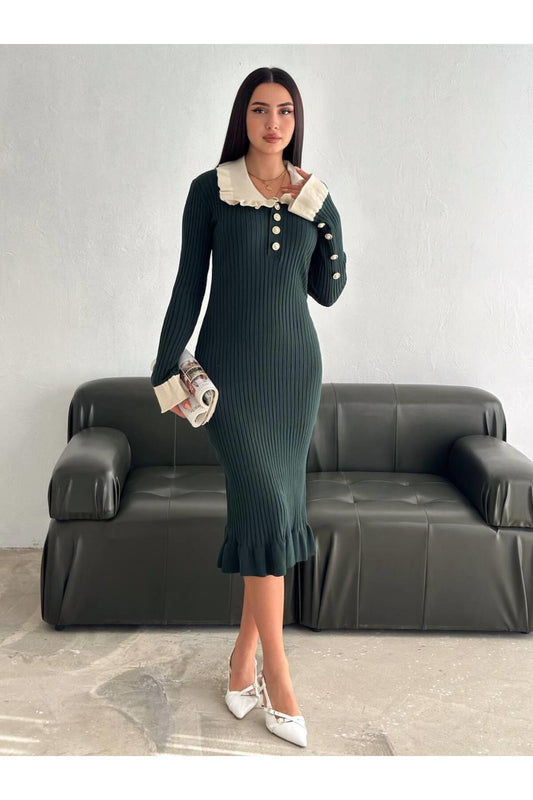 Ruffle Neck Pearl Button Long Sleeve Knit Dress