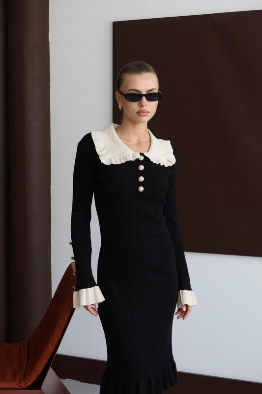 Ruffle Neck Pearl Button Long Sleeve Knit Dress