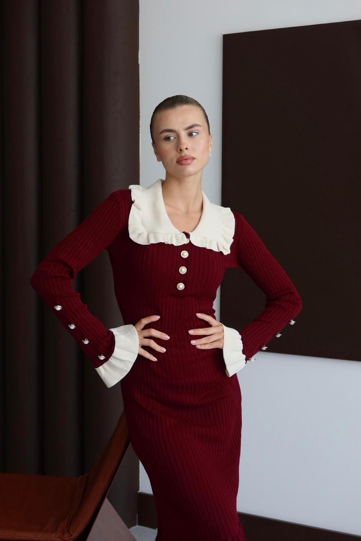 Ruffle Neck Pearl Button Long Sleeve Knit Dress