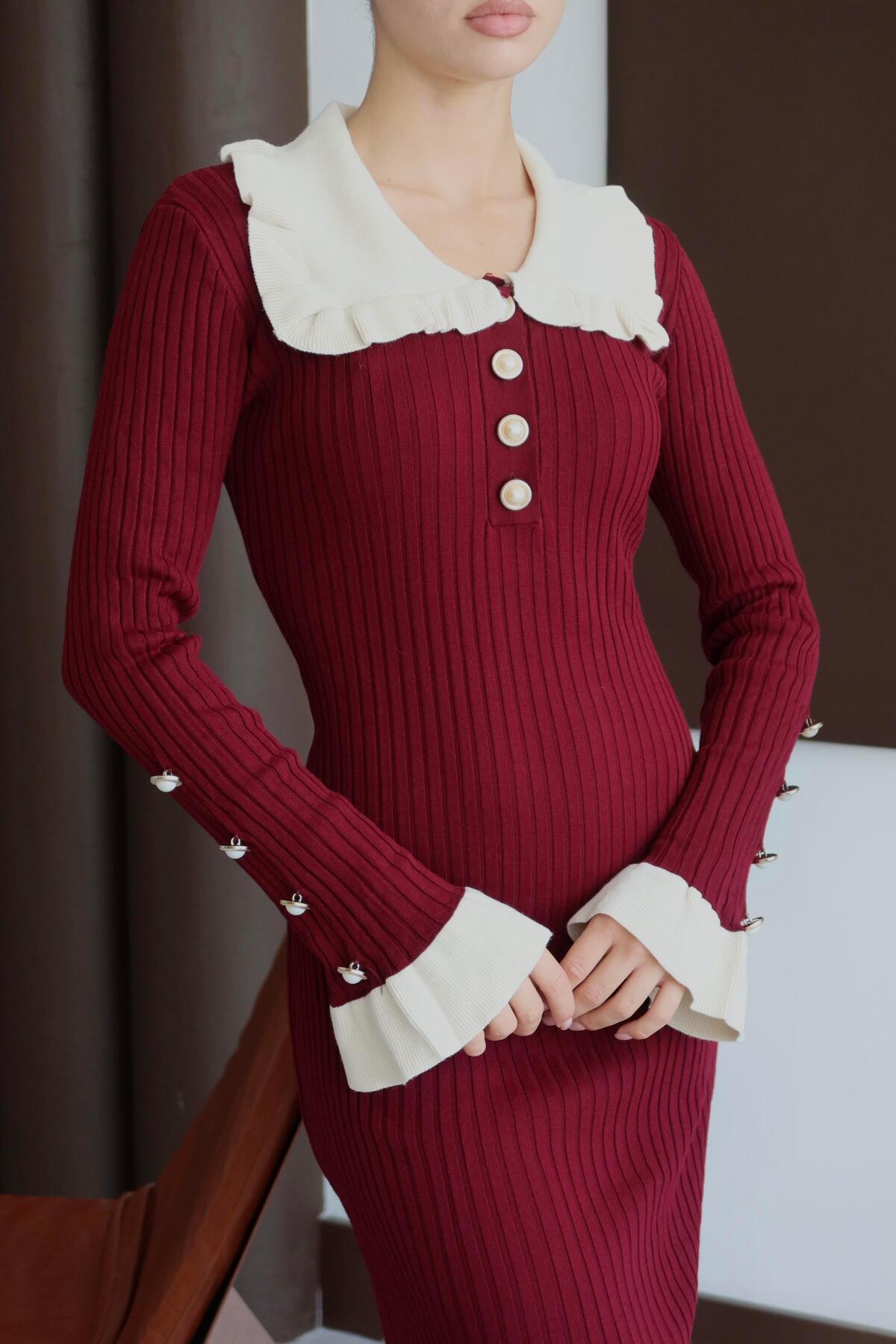 Ruffle Neck Pearl Button Long Sleeve Knit Dress