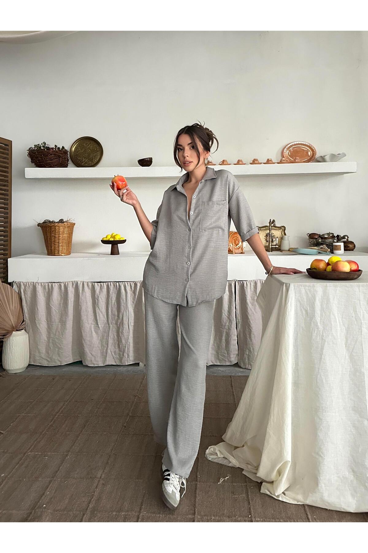 Grey Linen-Look Oversize Shirt & Palazzo Pants Set
