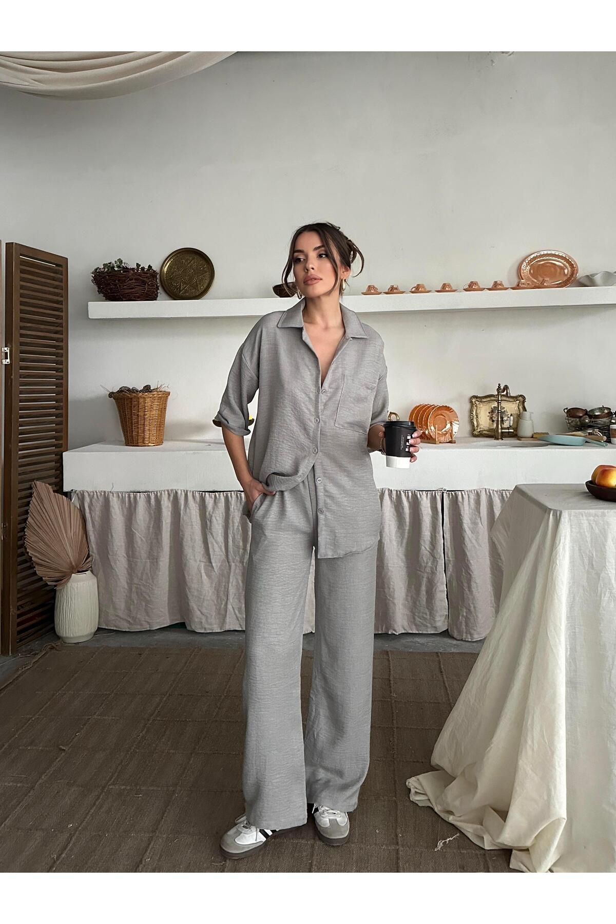 Grey Linen-Look Oversize Shirt & Palazzo Pants Set