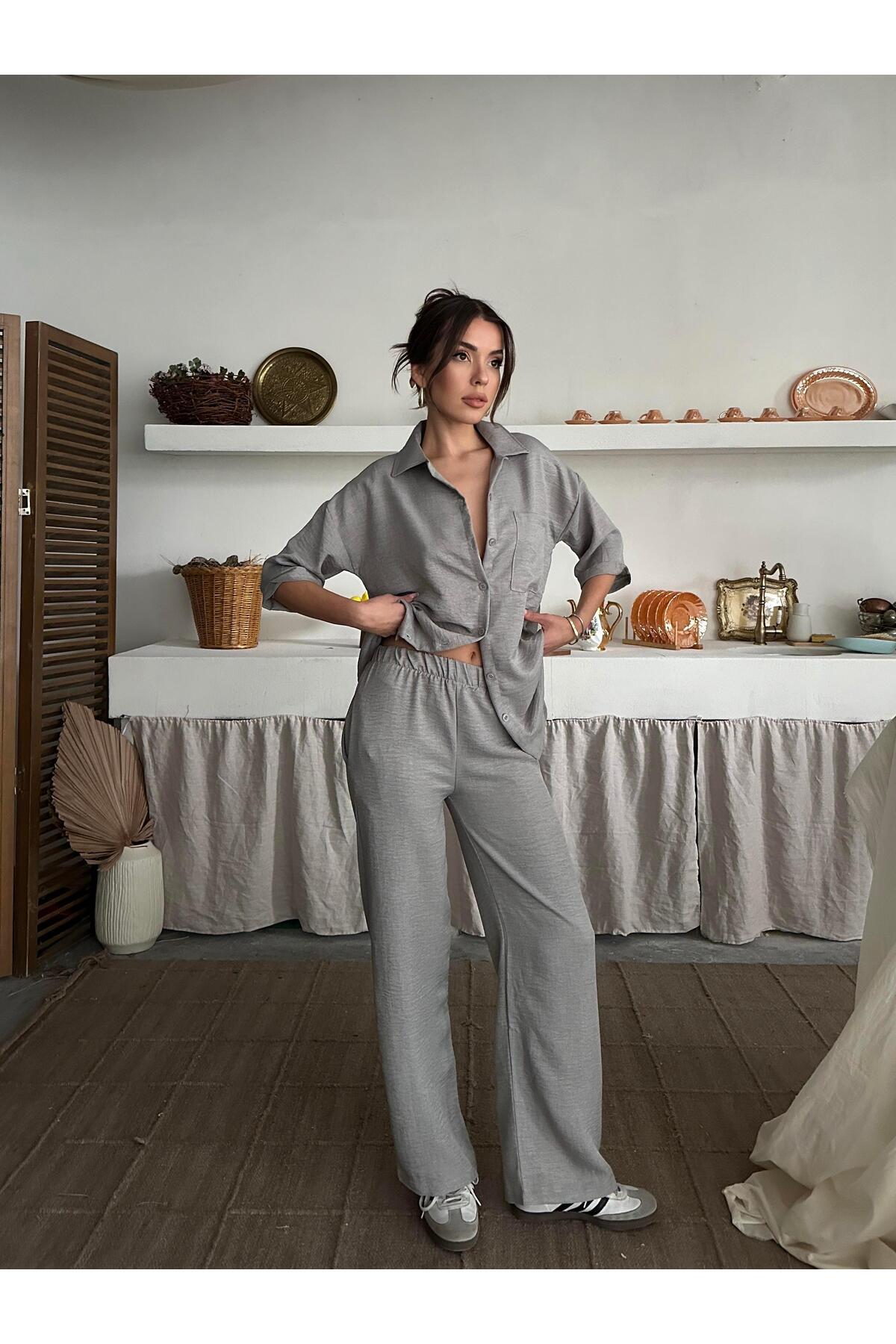 Grey Linen-Look Oversize Shirt & Palazzo Pants Set
