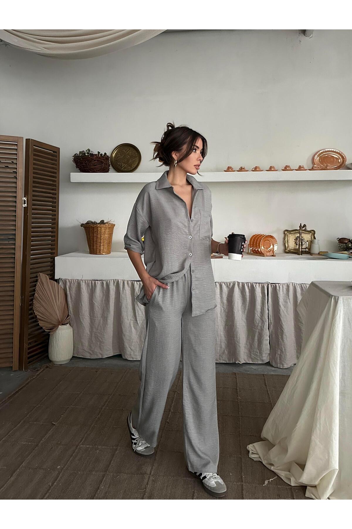 Grey Linen-Look Oversize Shirt & Palazzo Pants Set