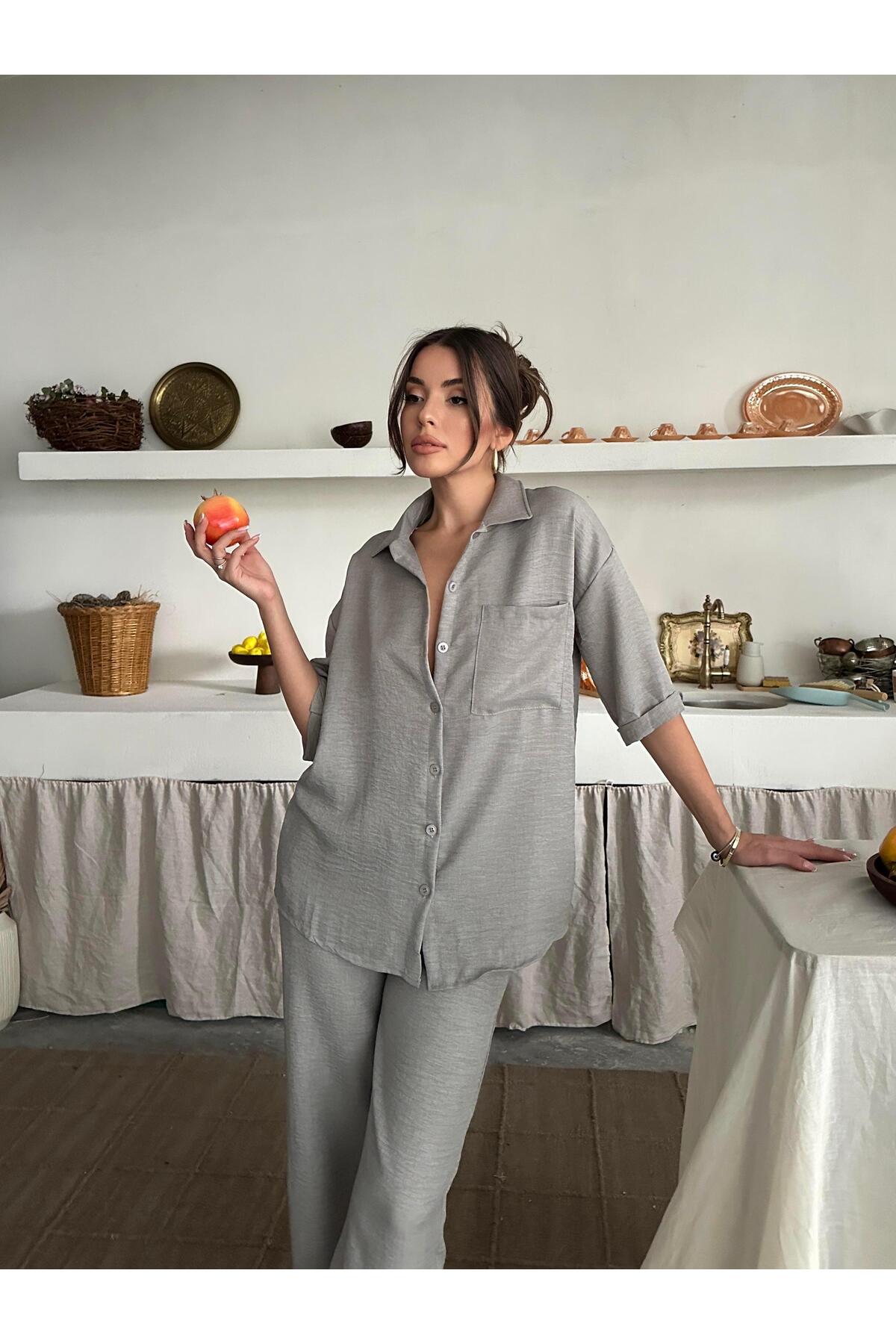 Grey Linen-Look Oversize Shirt & Palazzo Pants Set