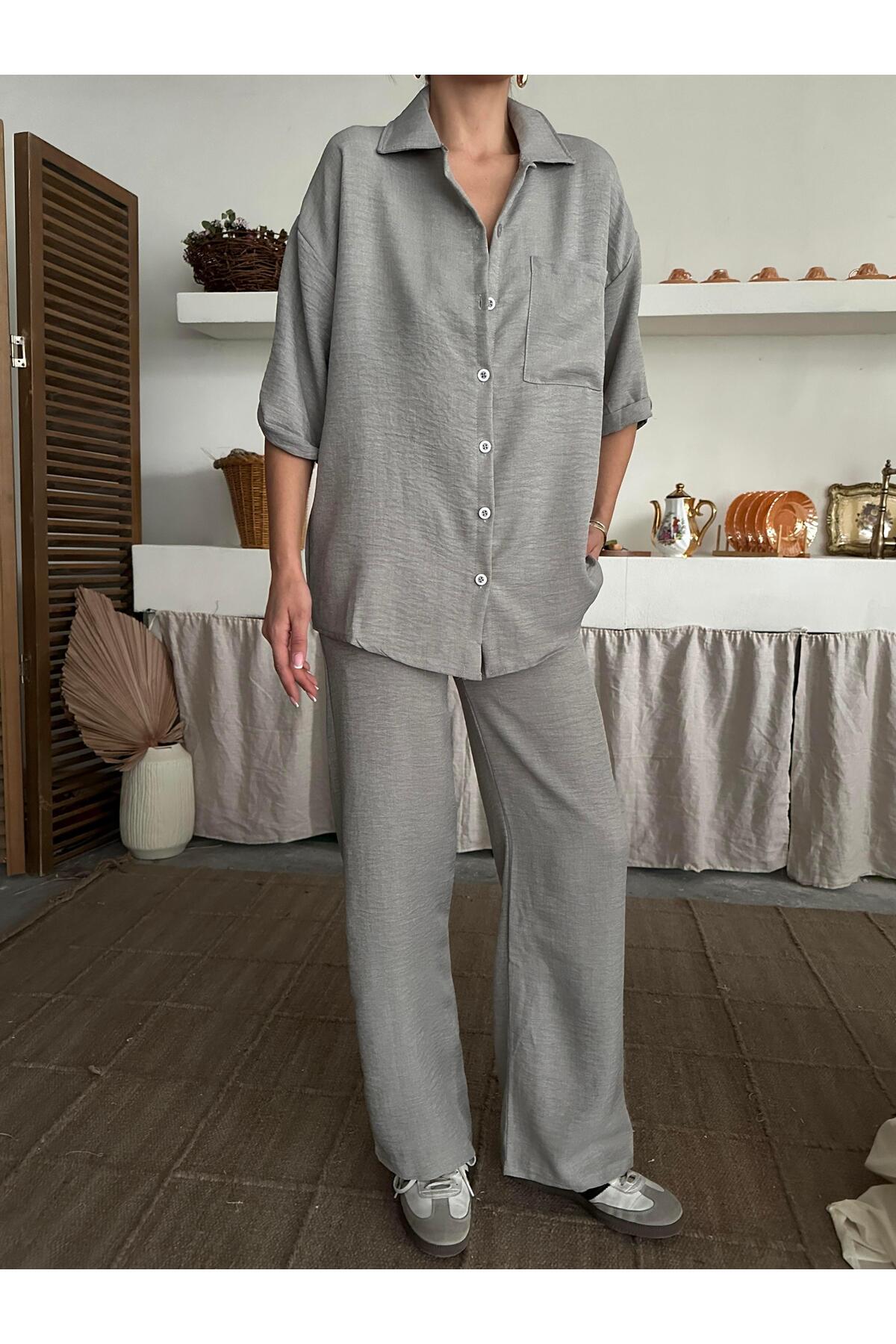 Grey Linen-Look Oversize Shirt & Palazzo Pants Set