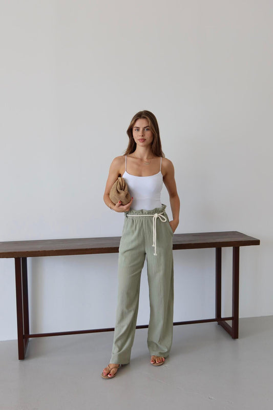 Khaki Crinkle Drawstring Summer Pants
