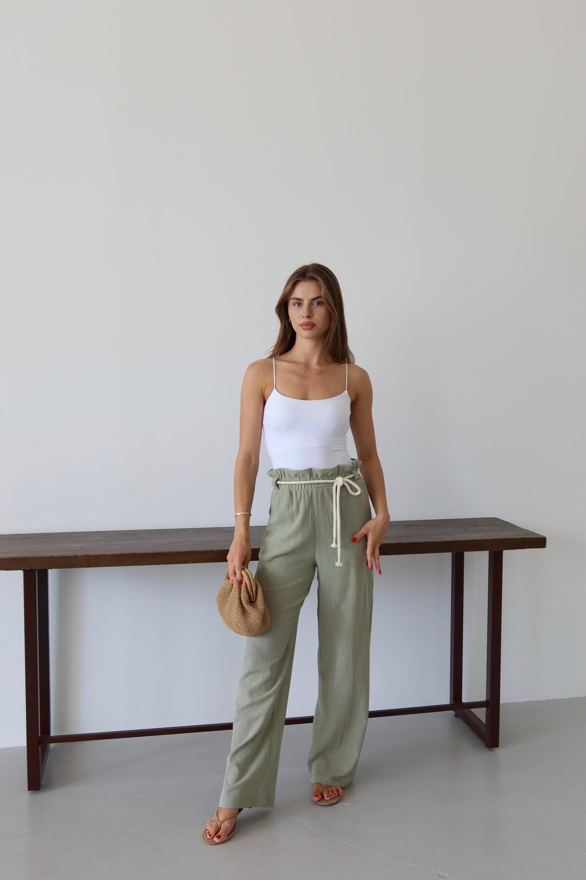 Khaki Crinkle Drawstring Summer Pants