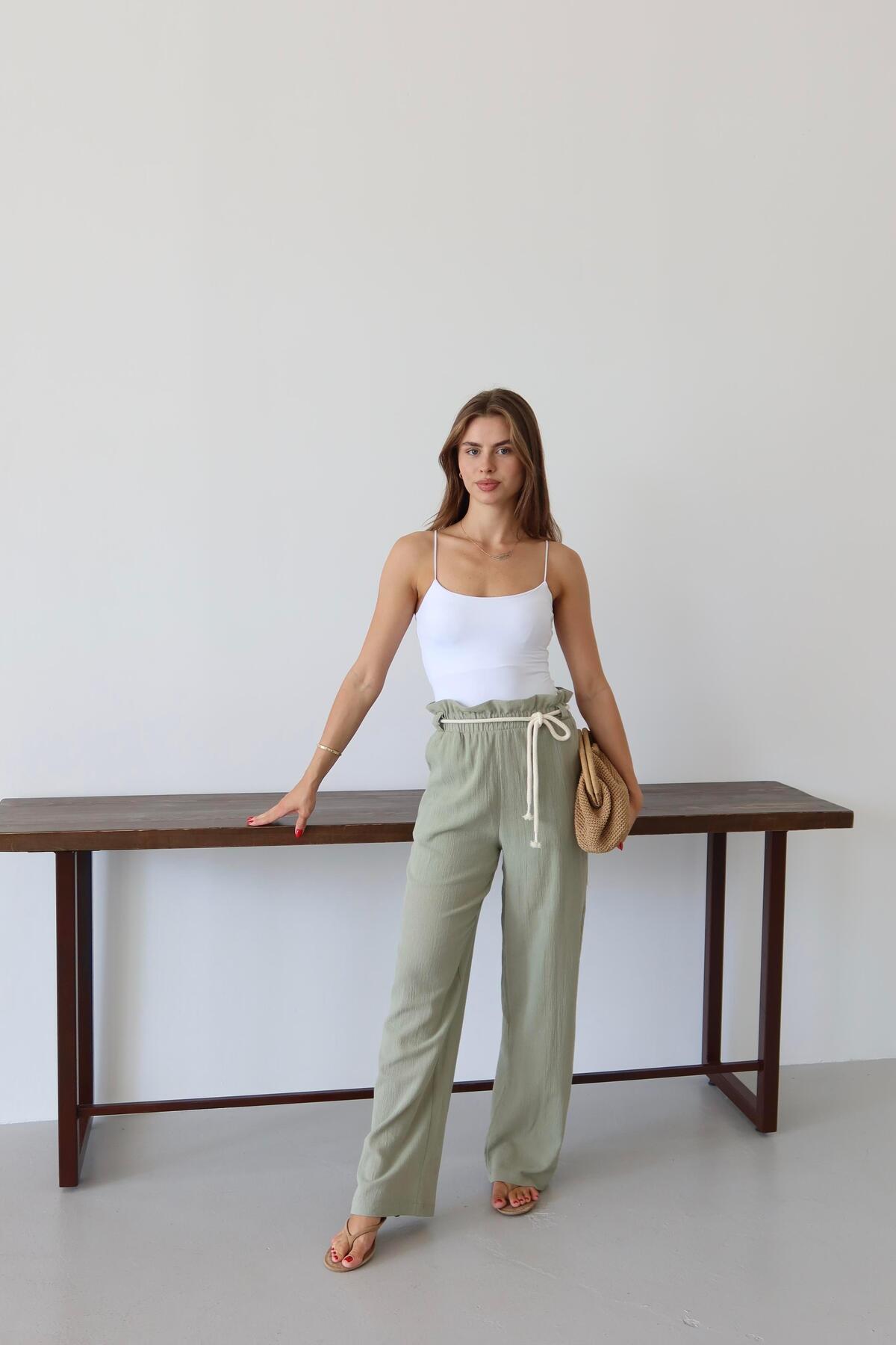 Khaki Crinkle Drawstring Summer Pants