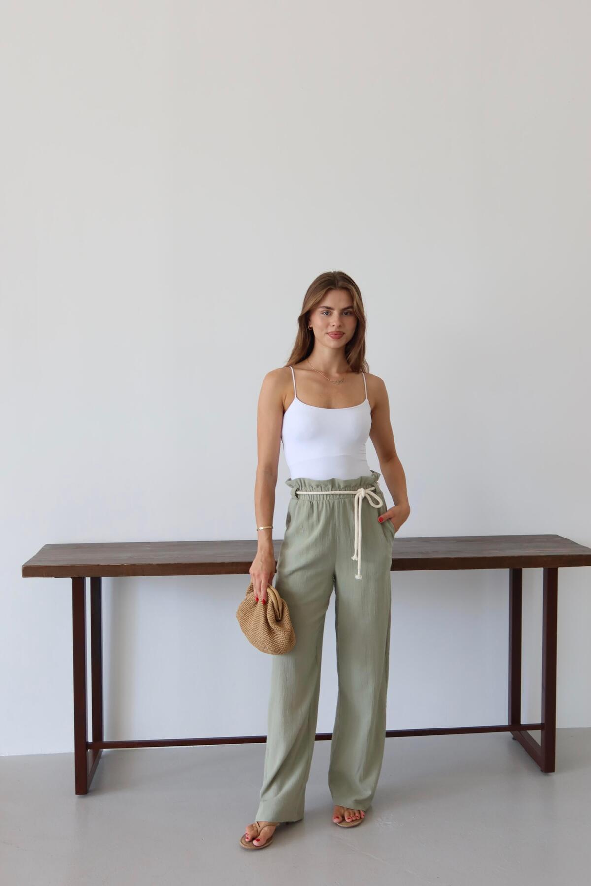 Khaki Crinkle Drawstring Summer Pants