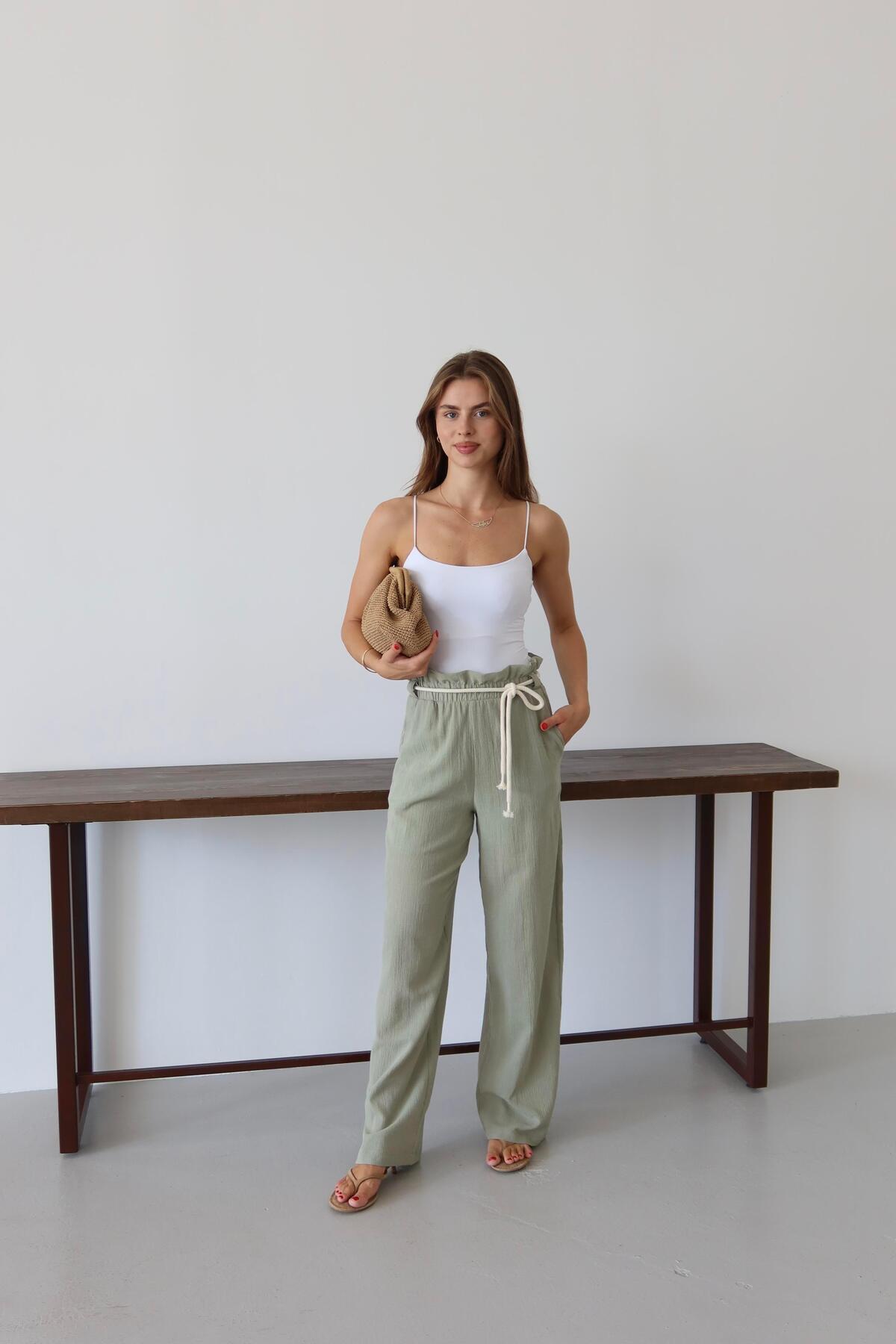 Khaki Crinkle Drawstring Summer Pants