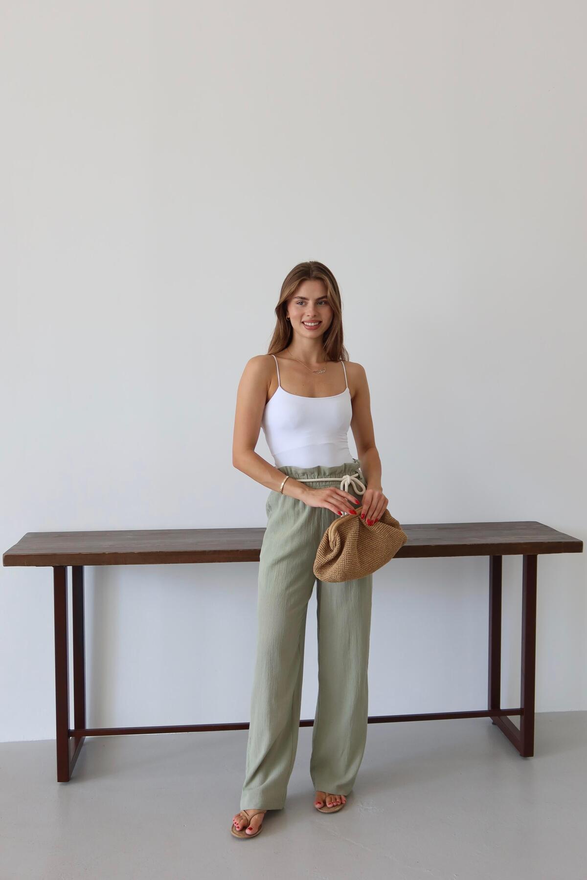 Khaki Crinkle Drawstring Summer Pants
