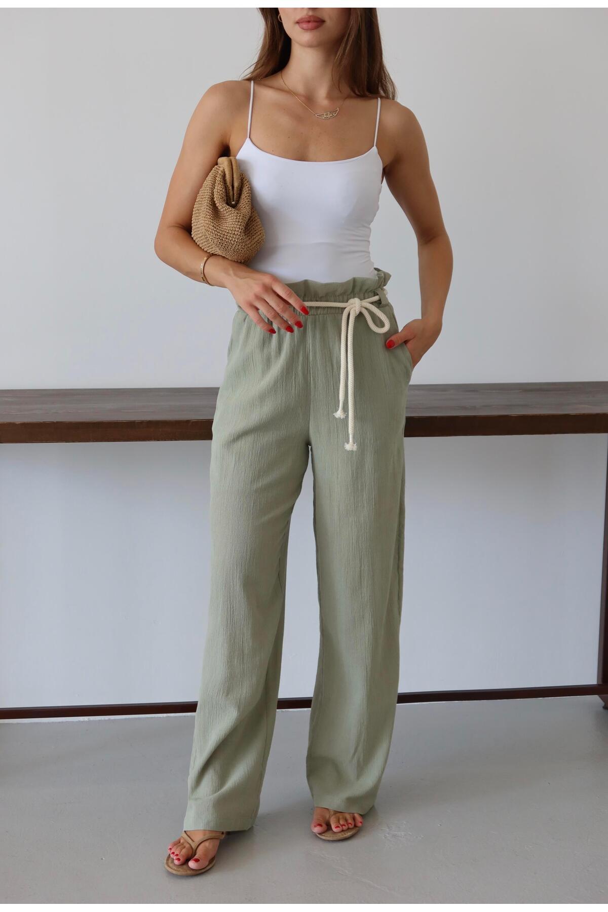 Khaki Crinkle Drawstring Summer Pants
