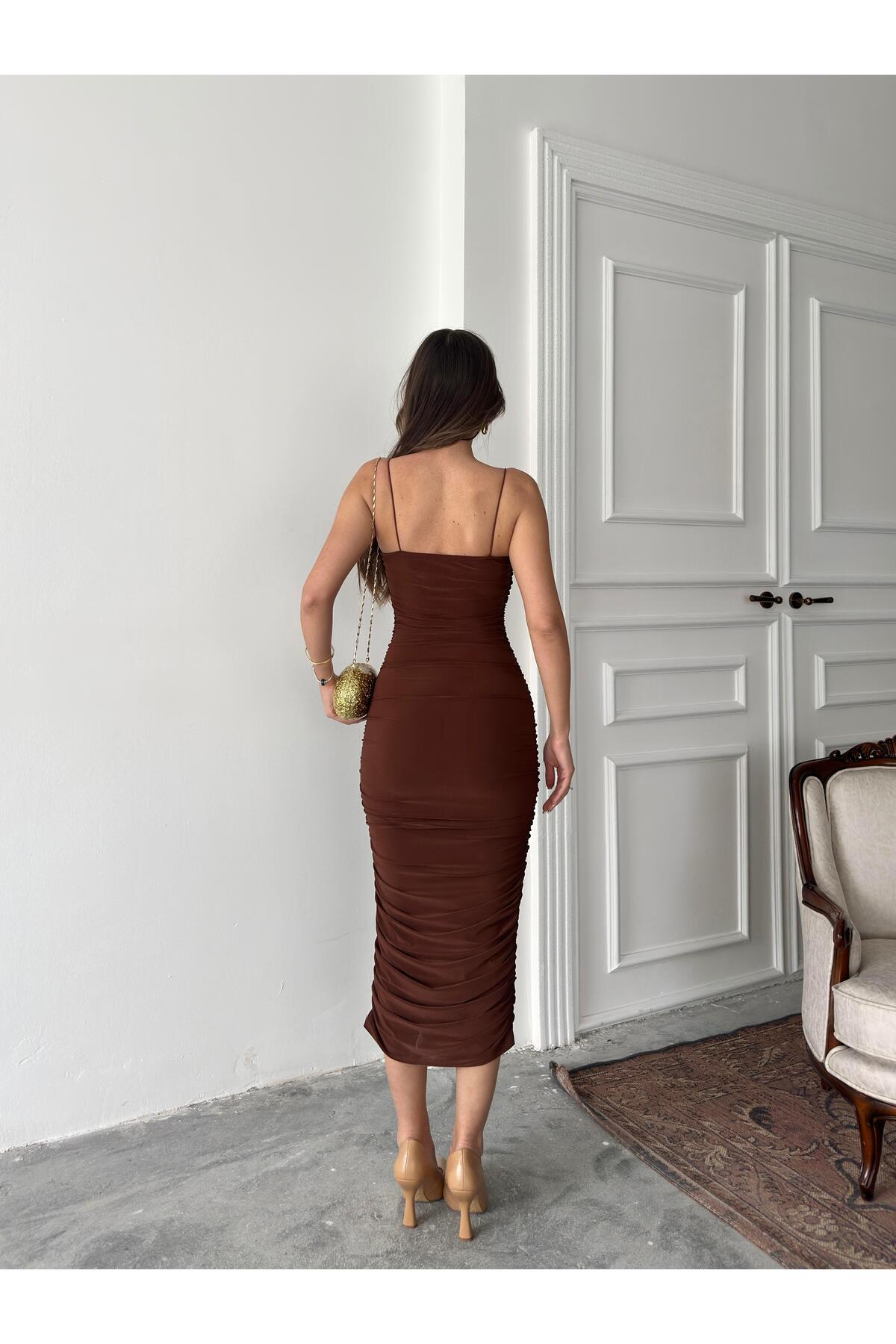 Brown Ruched Strappy Maxi Dress