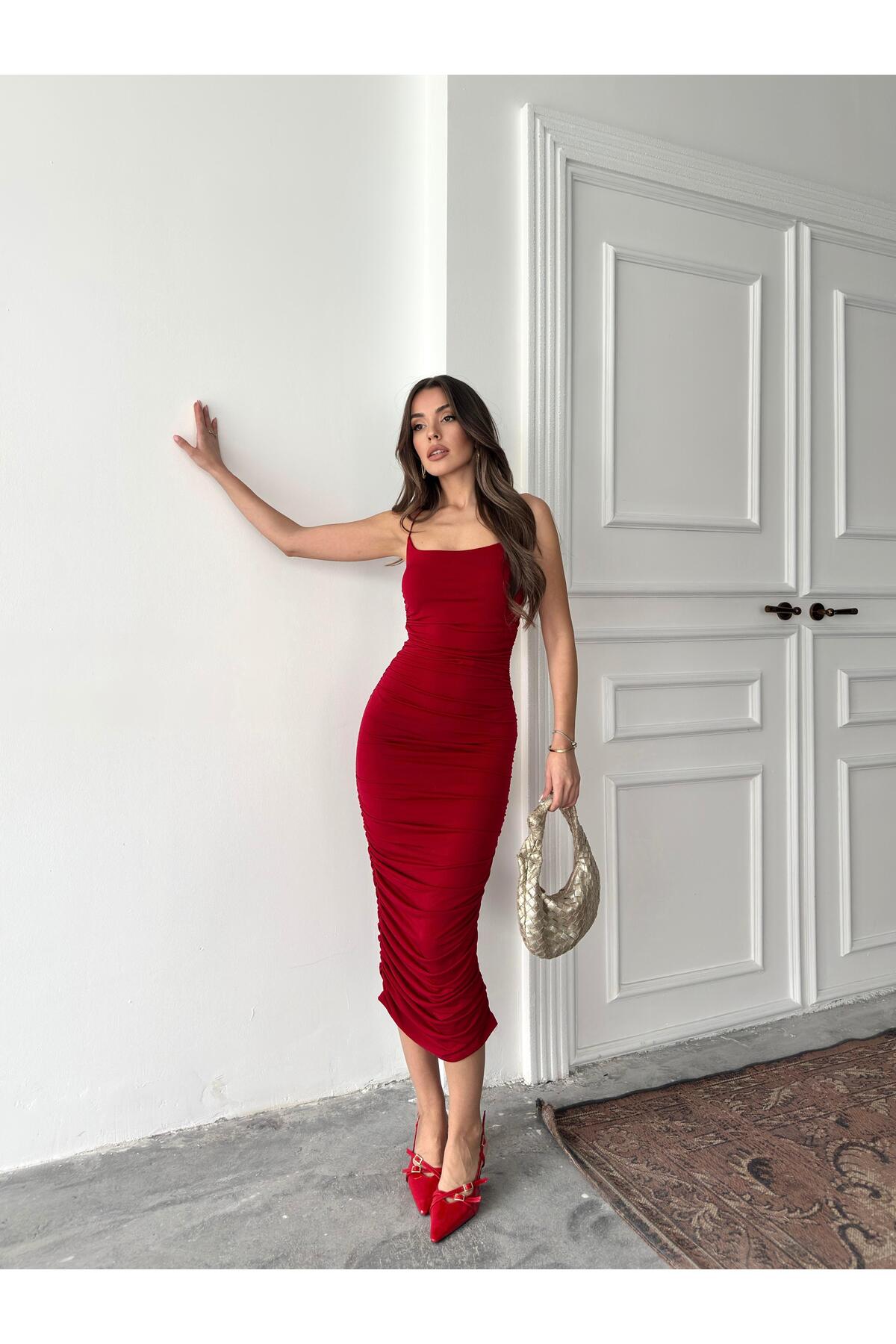Red Ruched Strappy Maxi Dress
