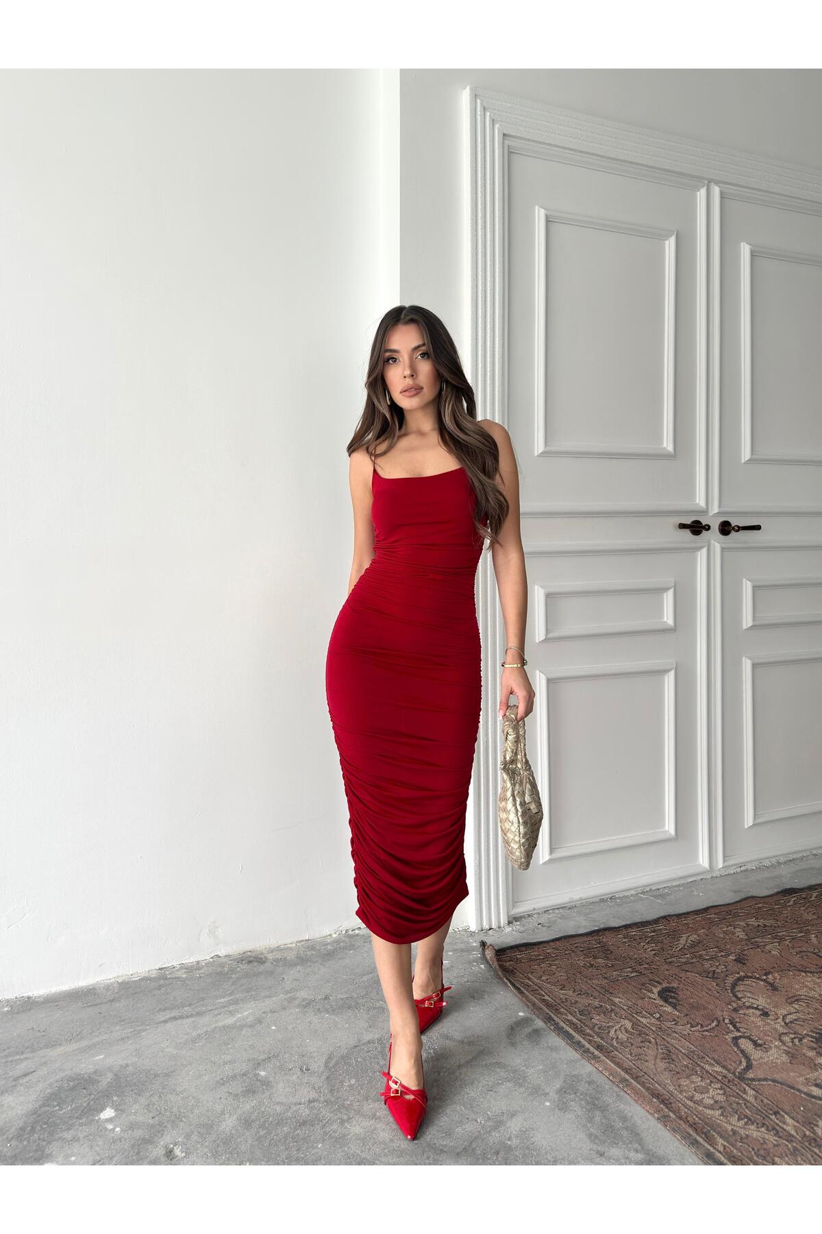Red Ruched Strappy Maxi Dress