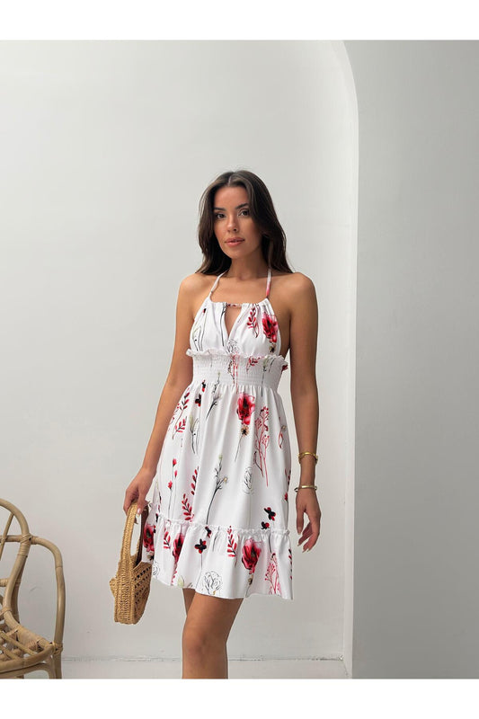Red Floral Ruched Halter Mini Dress