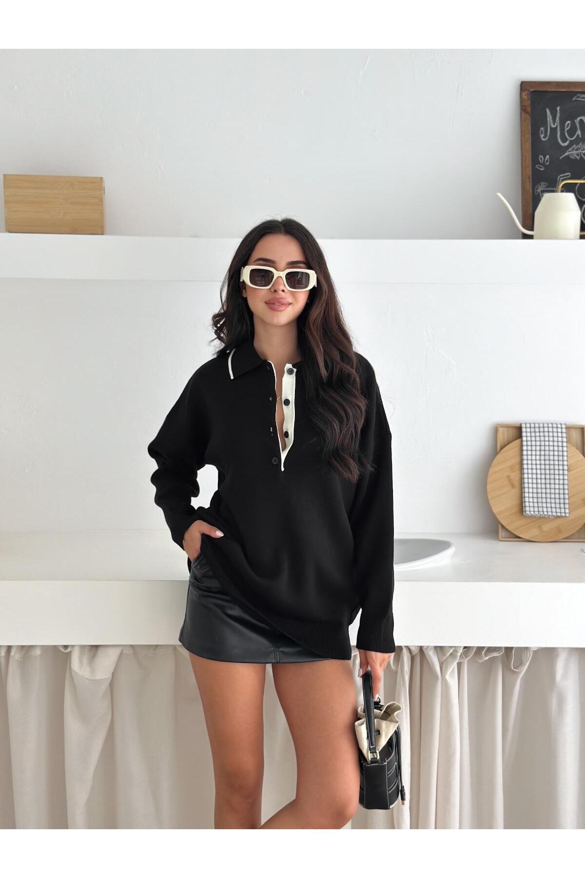 Contrast Detail Oversize Polo Neck Knit Sweater