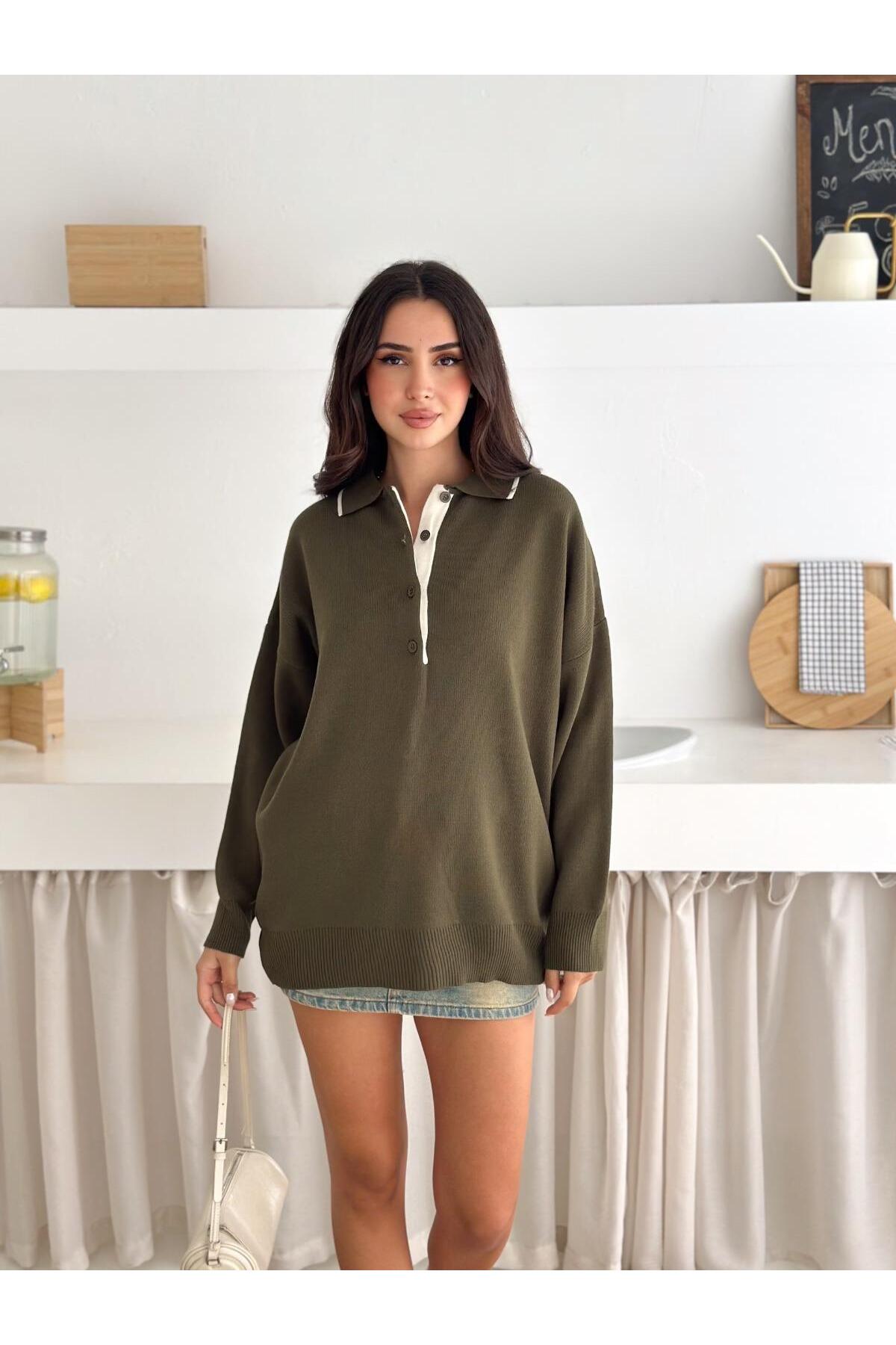 Contrast Detail Oversize Polo Neck Knit Sweater