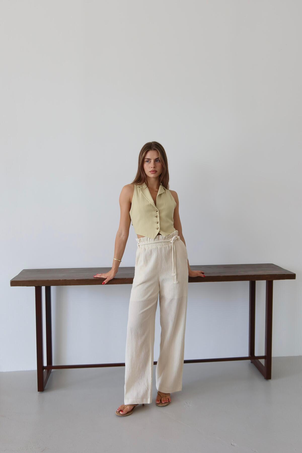 Cream Crinkle Drawstring Summer Pants