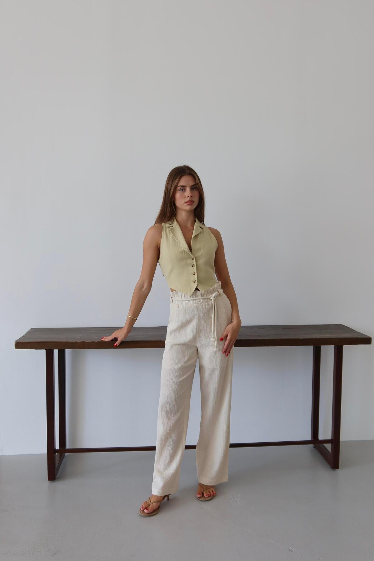 Cream Crinkle Drawstring Summer Pants