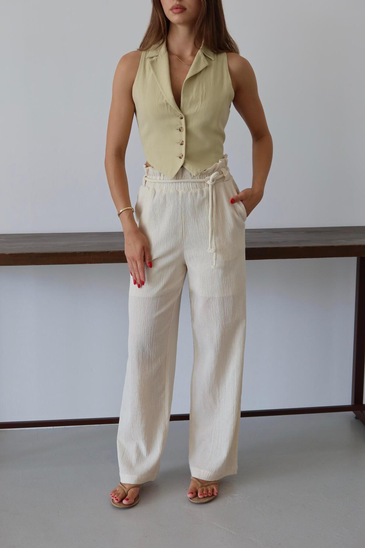 Cream Crinkle Drawstring Summer Pants