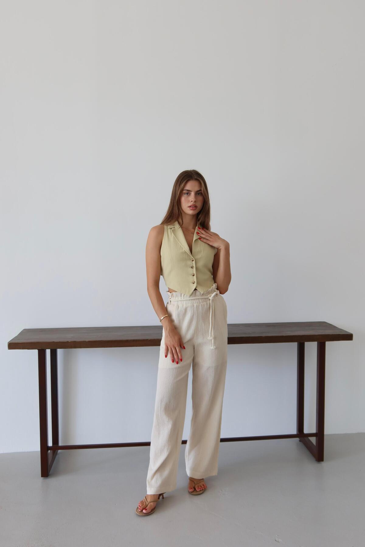 Cream Crinkle Drawstring Summer Pants