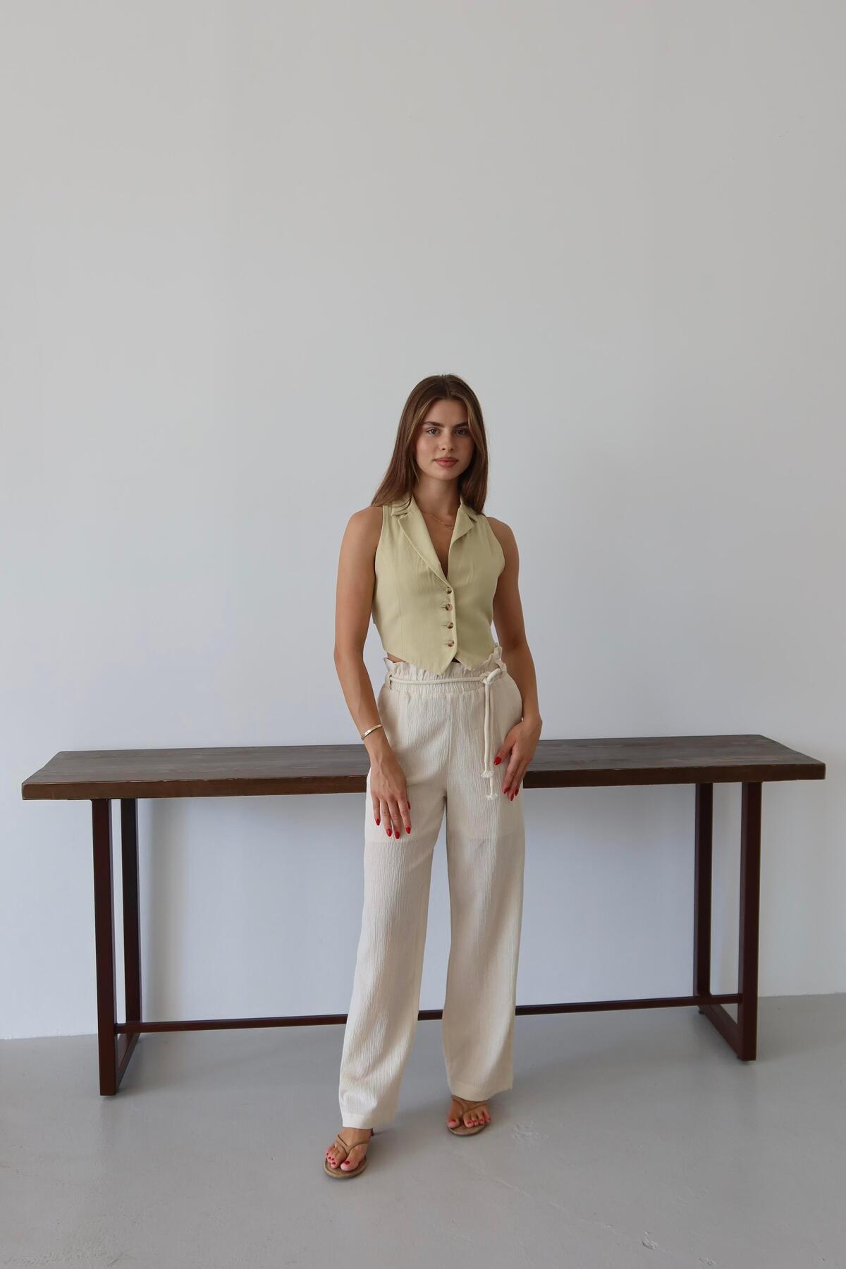 Cream Crinkle Drawstring Summer Pants