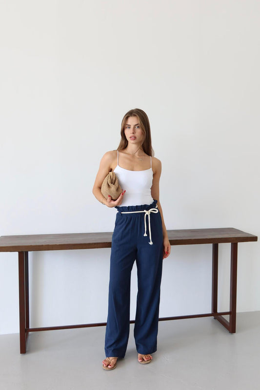 Navy Crinkle Drawstring Summer Pants