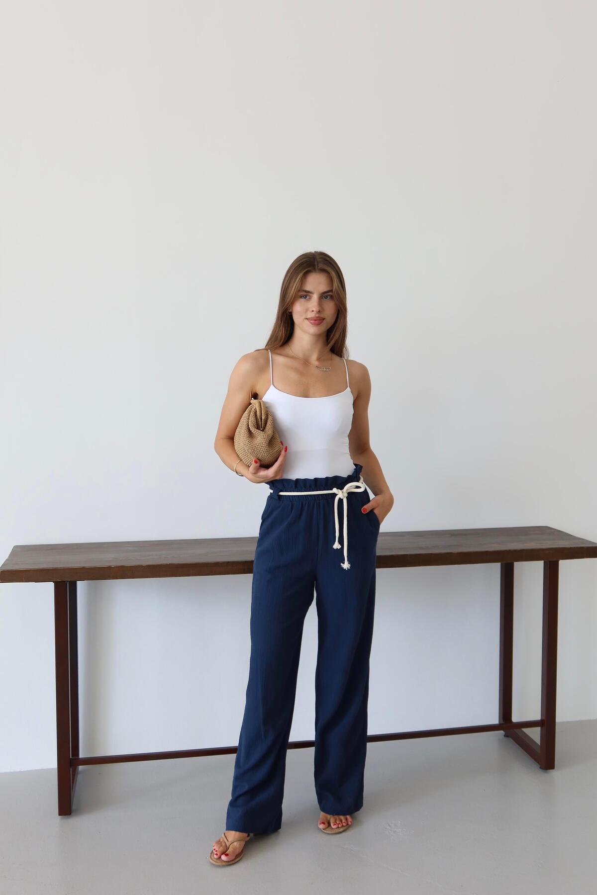 Navy Crinkle Drawstring Summer Pants