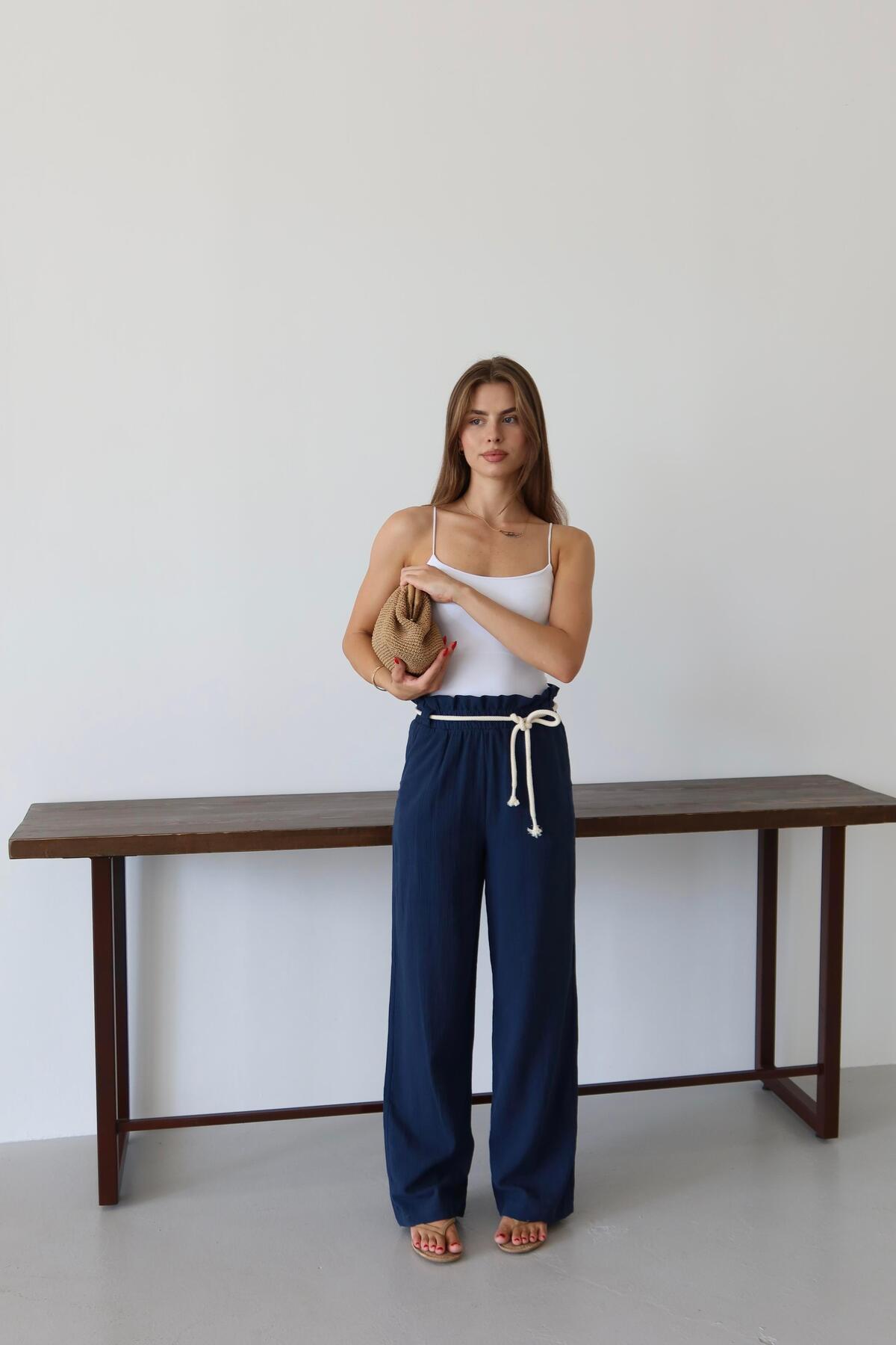 Navy Crinkle Drawstring Summer Pants