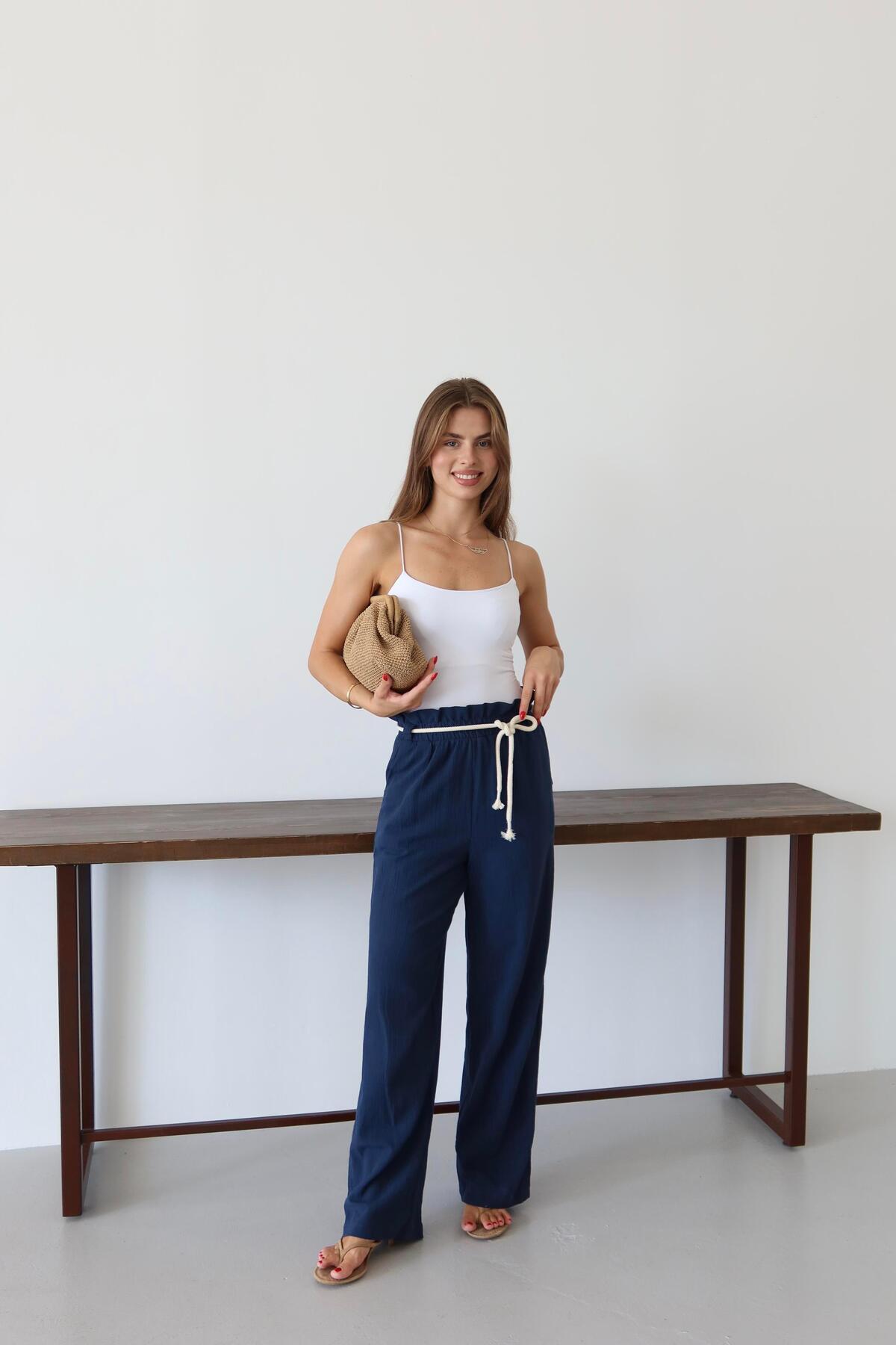 Navy Crinkle Drawstring Summer Pants