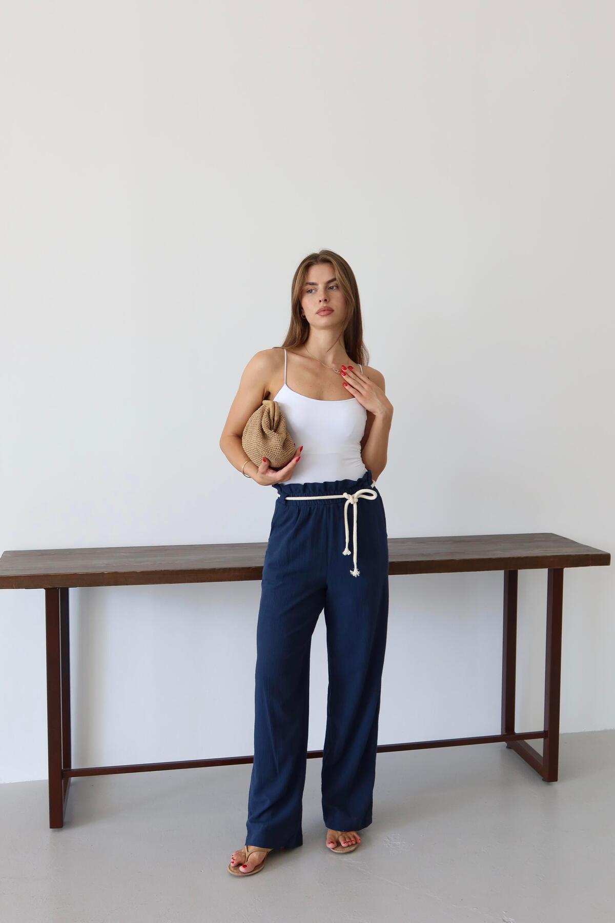 Navy Crinkle Drawstring Summer Pants