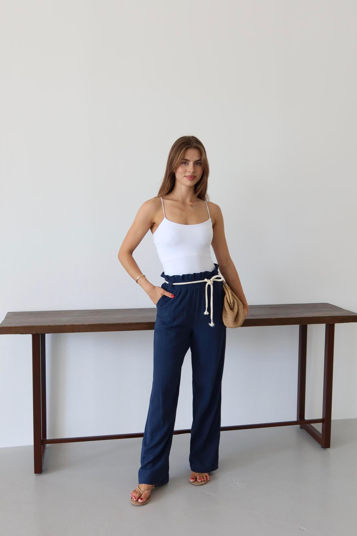 Navy Crinkle Drawstring Summer Pants